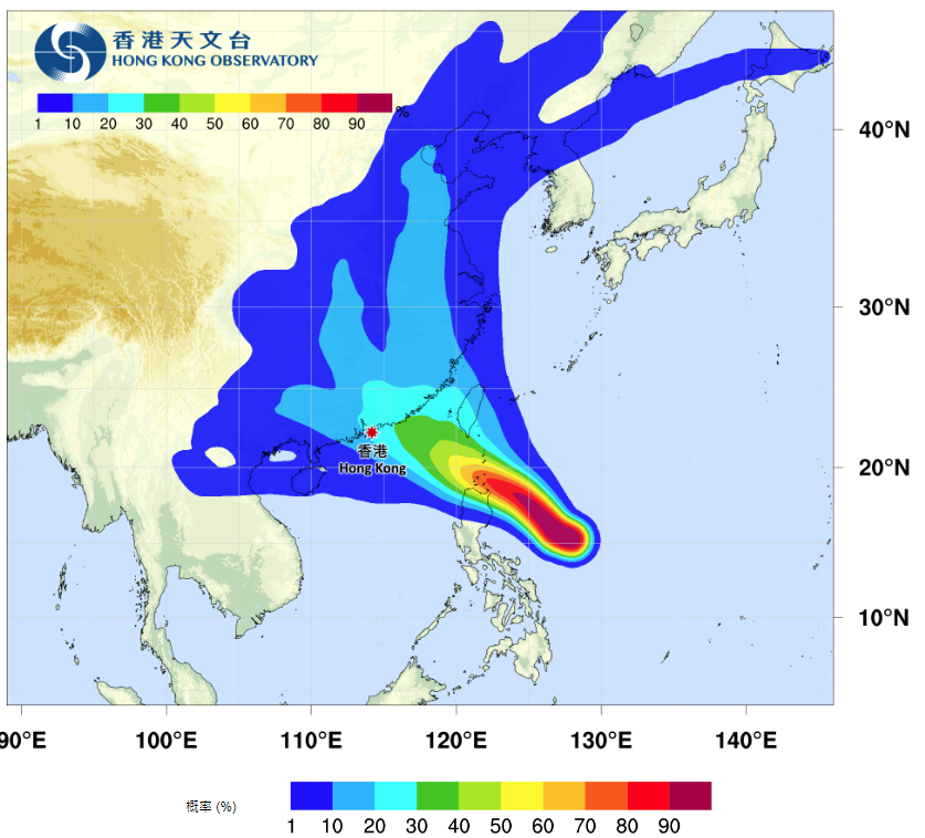 颱風杜蘇芮|天文台預計打風路徑概率。(天文台網站截圖)