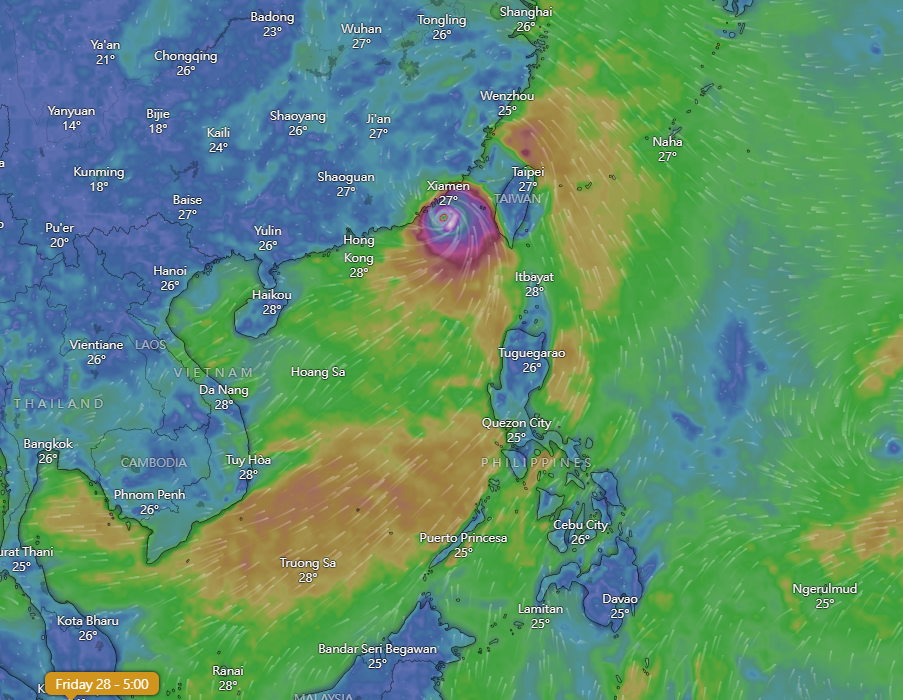 颱風杜蘇芮|WINDY預測周四路徑,靠近香港