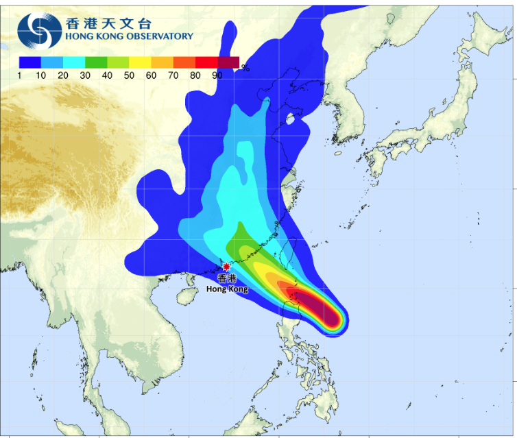 颱風杜蘇芮|天文台預計路徑概率。(天文台截圖)