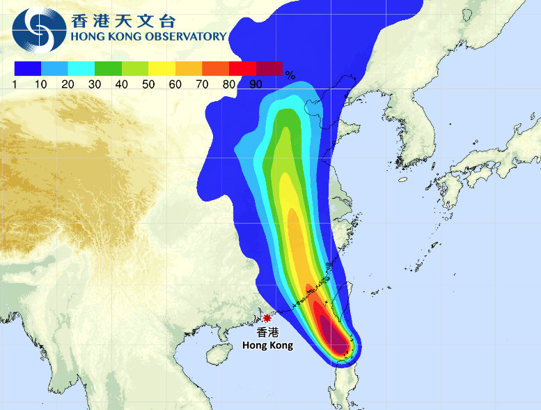 颱風杜蘇芮|天文台預計路徑概率。(天文台截圖)