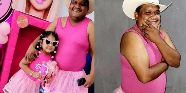 Hernández日前穿上粉紅色的連身衣和芭蕾裙,帶著女兒去看《Barbie芭比》電影。(互聯網)