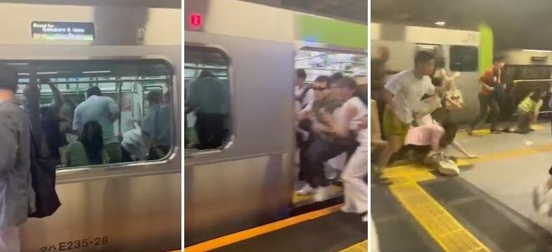 日本JR新宿站山手線列車,早前有男子在車廂亮刀,列車到站後乘客恐慌逃離。(資料圖片)