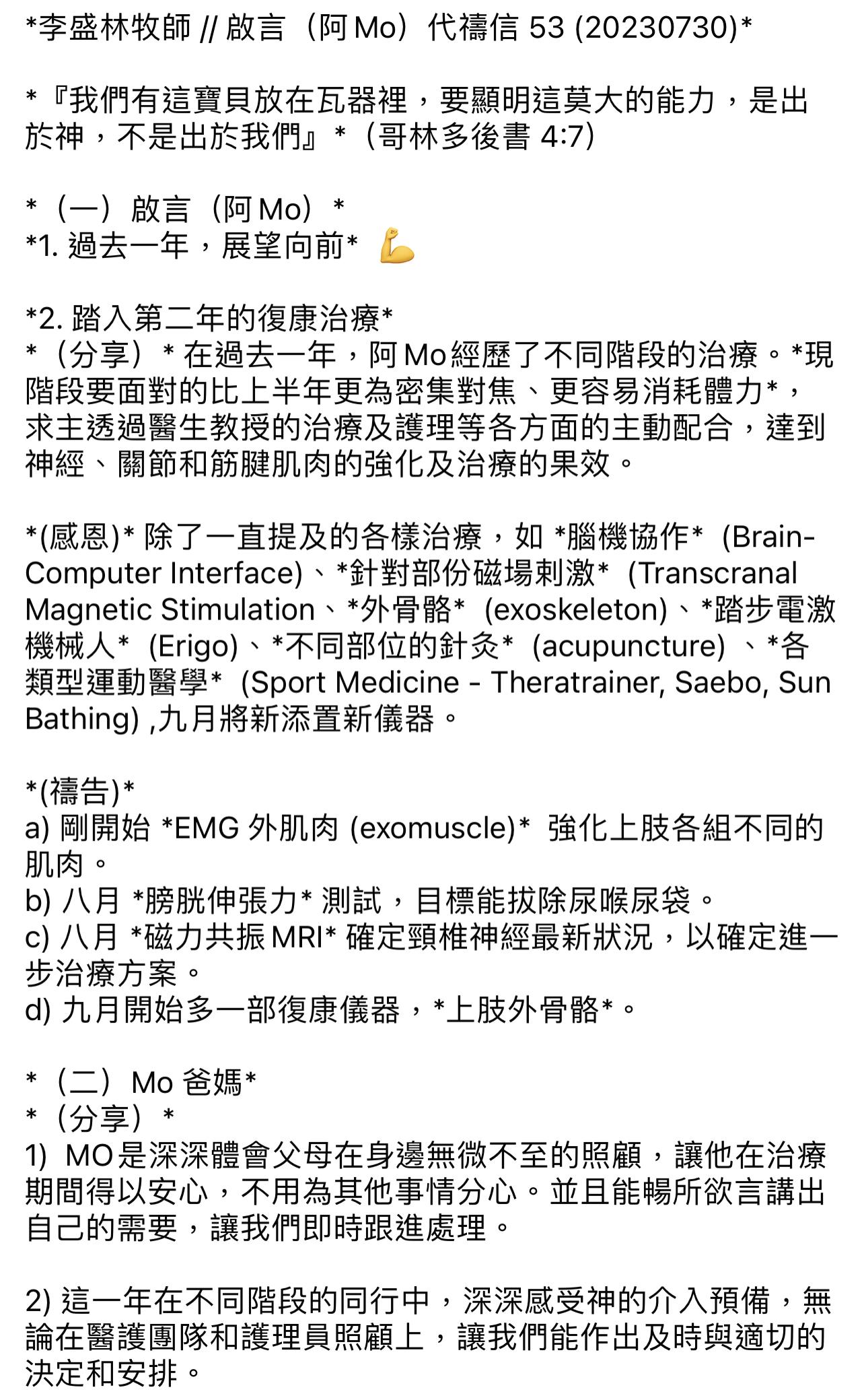 MIRROR紅館演唱會事故一周年後,李盛林牧師/李啟言(阿Mo)第53封代禱信。