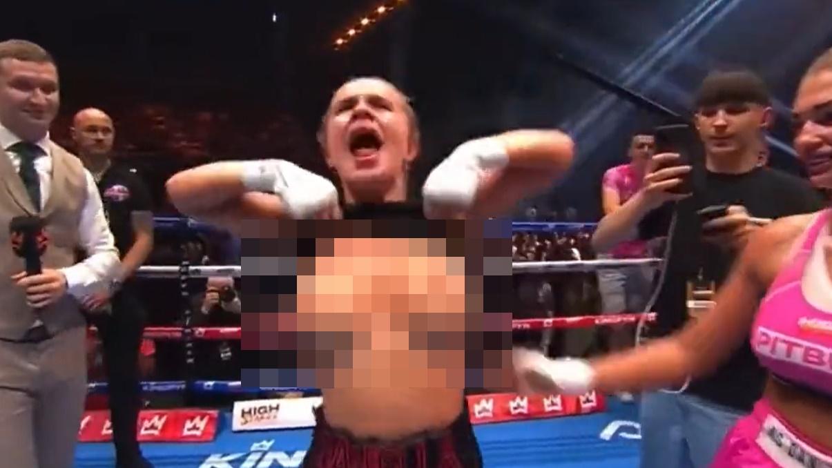 Daniella當著攝影直播鏡頭和觀眾的面前,掀起香汗淋漓的黑色運動上衣露點慶祝,過程長達5至6秒。(Twitter)