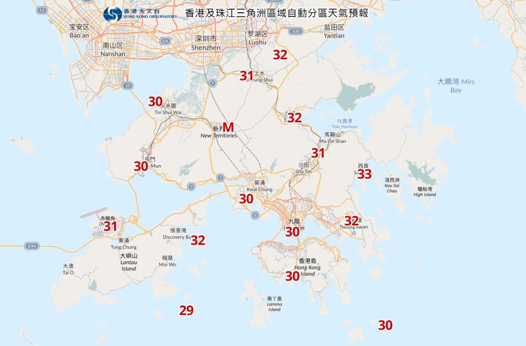 本港今早各地區氣溫。(天文台網頁截圖)