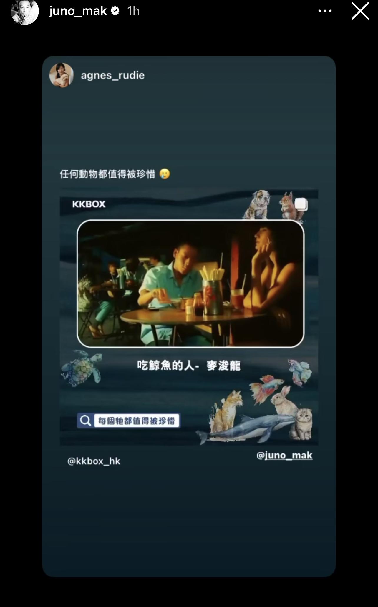 Juno在IG Story轉貼網民憑歌寄意的心聲,並表達己見。