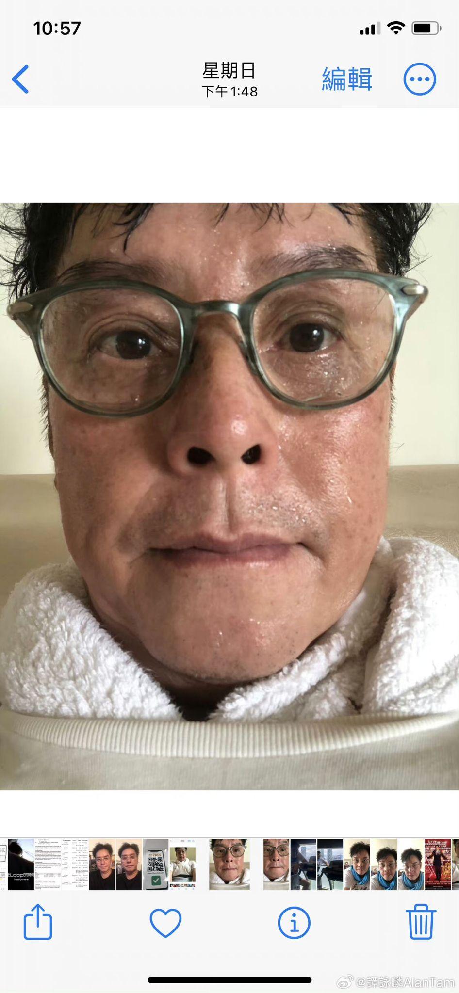 譚詠麟錯手把自己手機相庫截圖原整上載至微博。