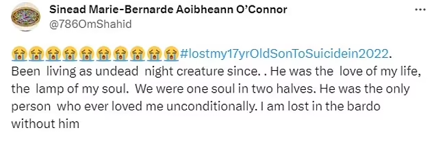 Sinead O'Connor的一則貼文中提到兒子的死帶來無盡傷痛。(互聯網)