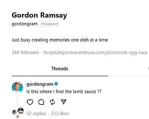 Threads|「地獄廚神」Gordon Ramsay開設Threads帳號。(互聯網)