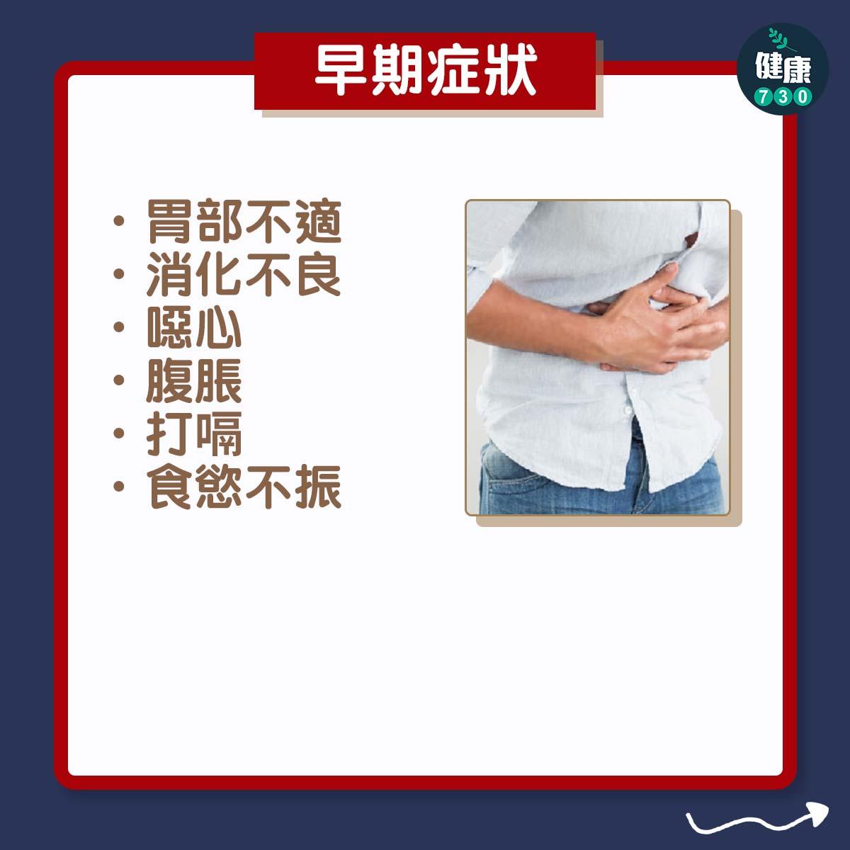 早期胃癌的症狀並不明顯。李君豪醫生提到,早期症狀多以胃部不適、消化不良、噁心、腹脹、打嗝、食慾不振為主