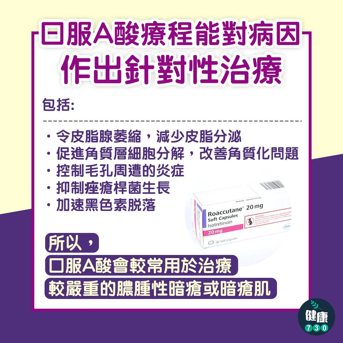 暗瘡情況嚴重者則會以口服抗生素或口服A酸進行治療,療程約4至6個月,療效可達80_。口服 A 酸療程能對病因作出針對性治療,包括: