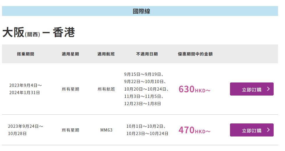 大阪飛香港機票