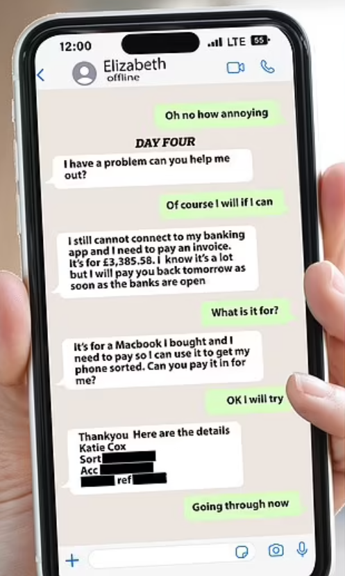 騙徒在第4日才出手,說舊手機用不了銀行app,想阿媽轉3,385,58鎊給她買Macbook以弄好手機資料。(互聯網)