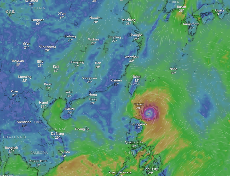 颱風|Windy周二預計路徑。(Windy截圖)