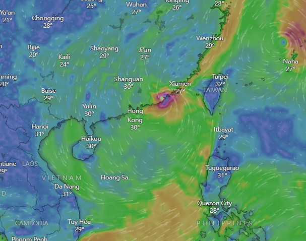 強颱風蘇拉|WINDY預料周五9月1日颱風路徑。