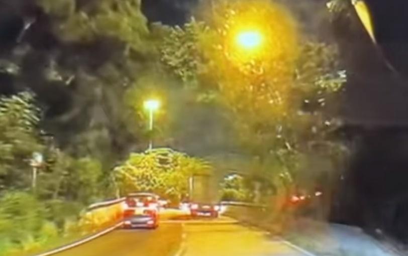 私家車最終失控剷上路壆,飛入草叢,車尾燈隨後在畫面中消失。(車cam L@FB)