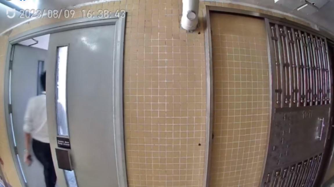 保安員推開防煙門疑發現賊人蹤影,隨即喝斥並追截。(大埔人大埔谷@FB)