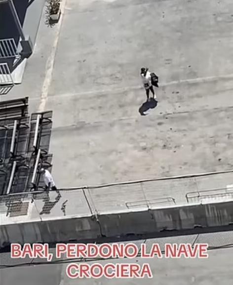 白衣男子一邊喊,一邊站往高處向郵輪高舉雙手揮動,希望可以被看見。(TikTok)