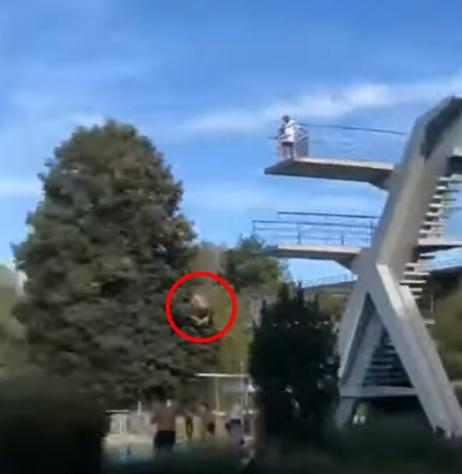 他起初用手捏著鼻,但最終雙手伸開直墜泳池裡。(YouTube)