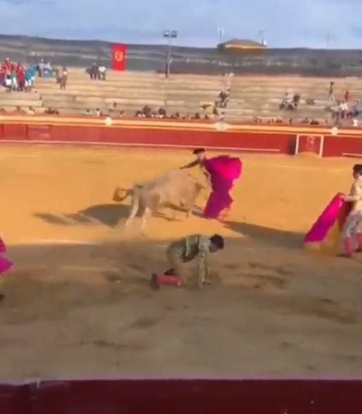 場內人員見狀立刻手持旗幟上前將公牛引開,讓Alejandro有機會站起離開鬥牛場。(X)