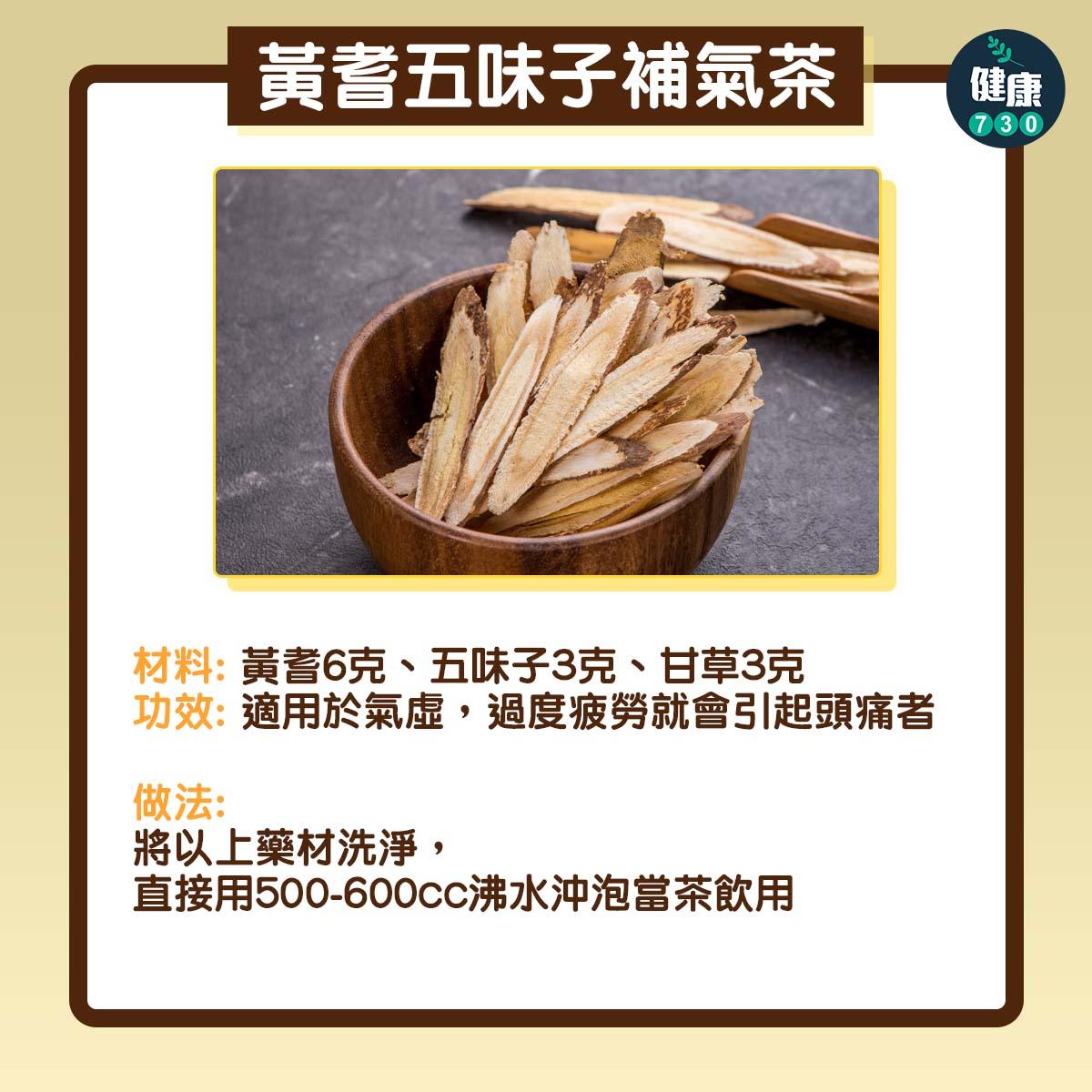 偏頭痛|3種茶比咖啡有效 ,黃耆五味子補氣茶(am730製圖)