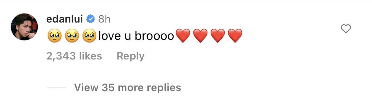 Edan回應Jer的po,寫道:「love u brooo」