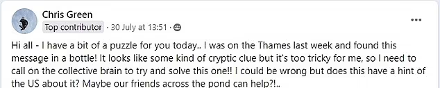 樓主聲稱在泰晤士河畔拾到該封瓶中信。(互聯網)