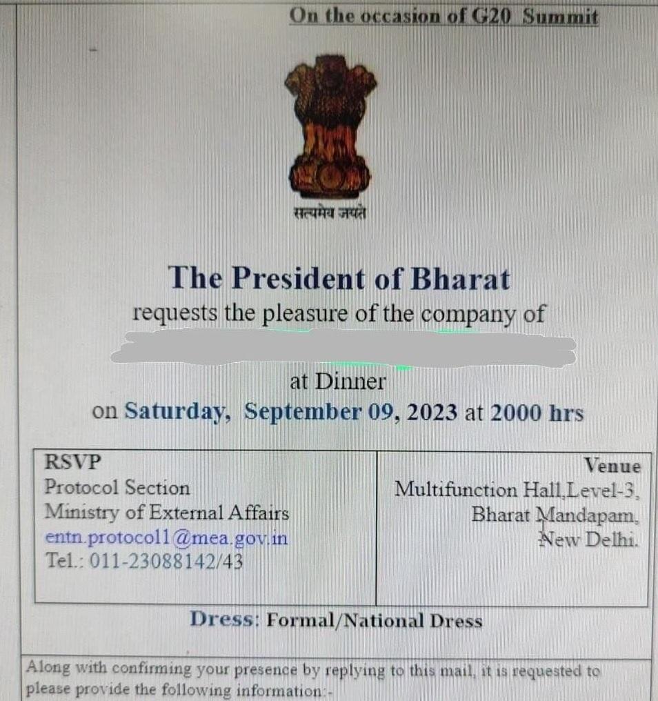 G20晚宴請帖把「印度總統」寫成「巴拉特總統」。(美聯社)