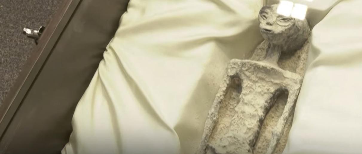 據稱是外星人遺骸放於展示櫃內。(互聯網)