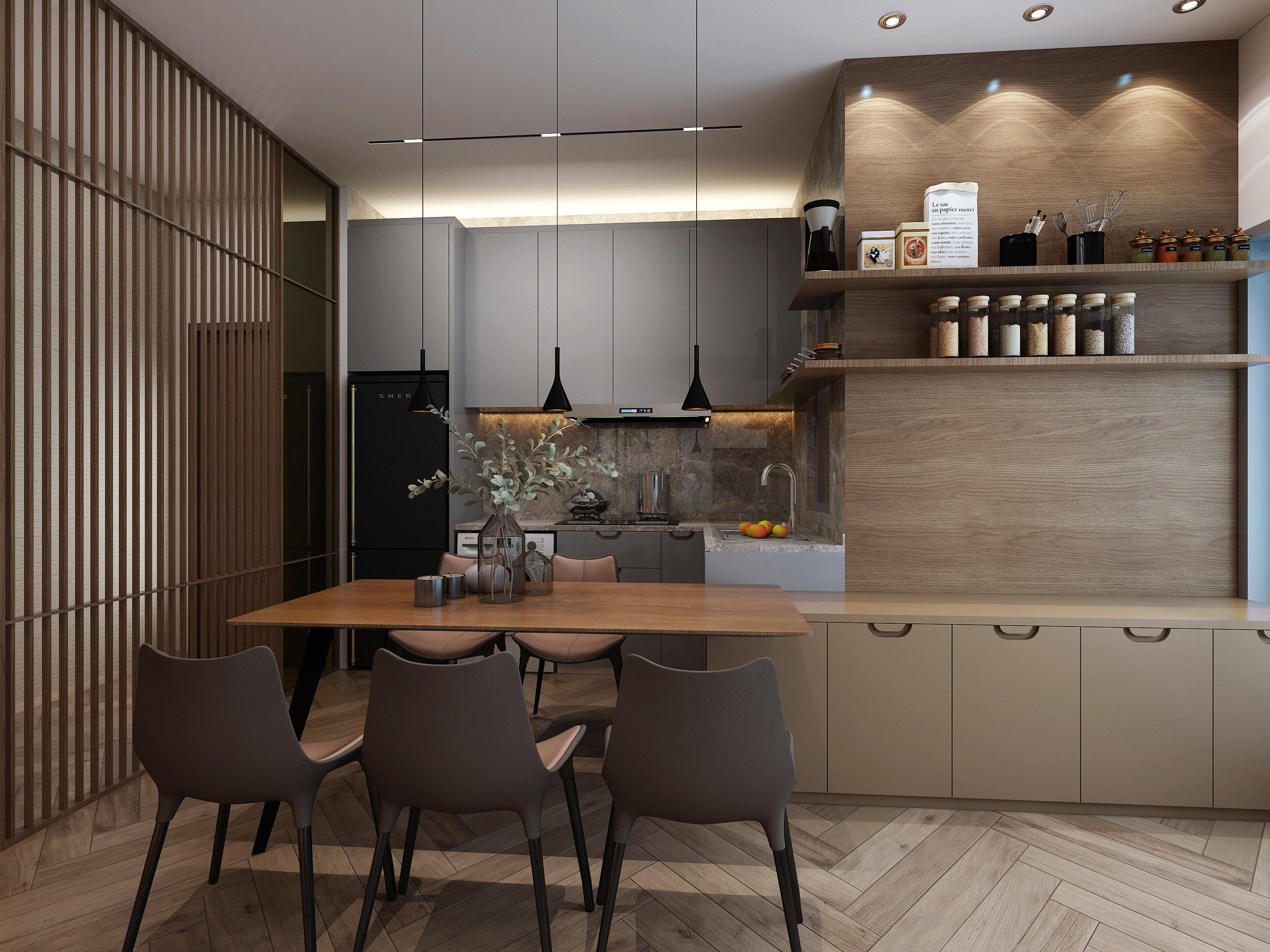 將飯廳與廚房的界線模糊,視覺上空間更為廣闊