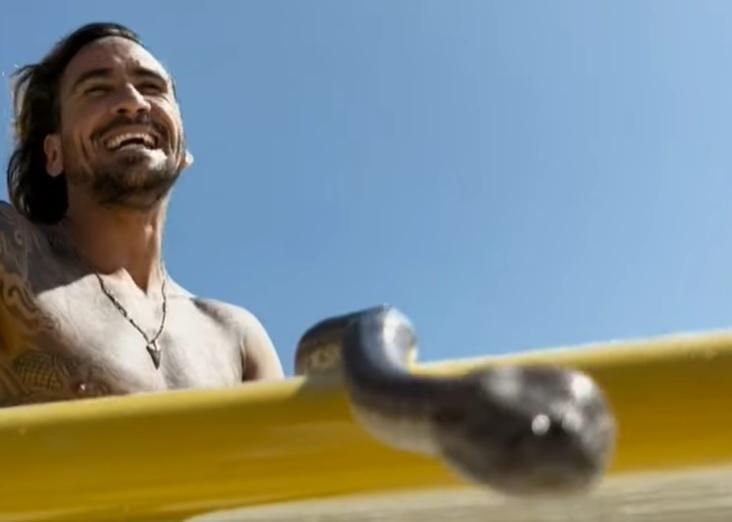 澳洲男子帶寵物蛇滑浪被罰款。(影片截圖)