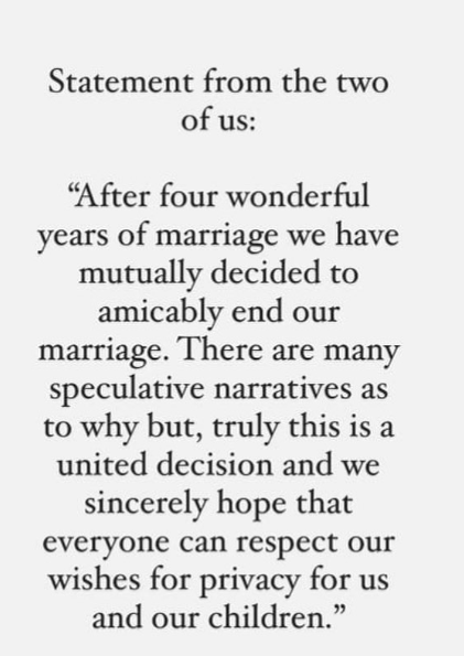 Joe Jonas和Sophie Turner雙方皆透過IG發出聲明表示:「經過4年美好的婚姻,我們共同決定好好的結束我們的婚姻。」