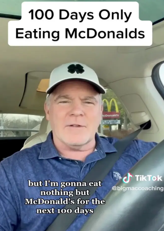 麥當勞減肥|馬金尼斯聲稱100日內餐餐食麥當勞,最終減近60磅。(互聯網)