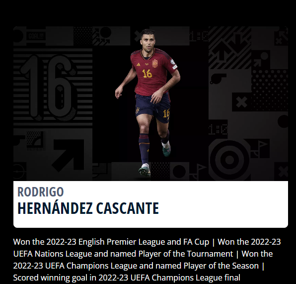 FIFA世界足球先生候選名單|洛迪卡斯簡迪(西班牙、曼城)