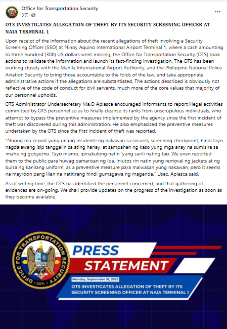 菲律賓機場職員偷中國旅客300美元,當局日前發聲明回應