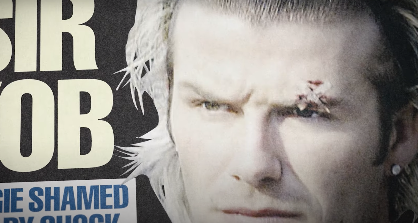 出英格蘭及前曼聯球星碧咸(David Beckham )的紀錄片《Beckham》,包括碧咸被費格遜擲鞋傷眼(預告截圖)