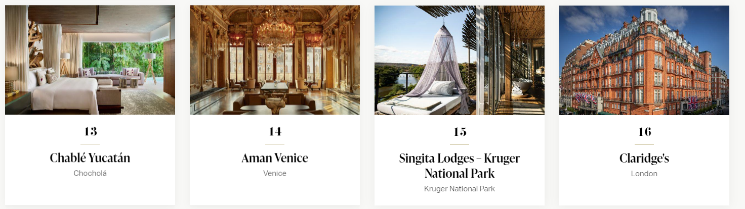 全球50最佳酒店名單13-16。