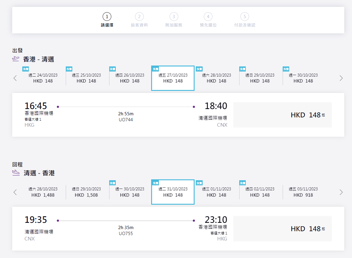 以清邁為例,10月單程航班為$148,來回連稅為$1,151起。
