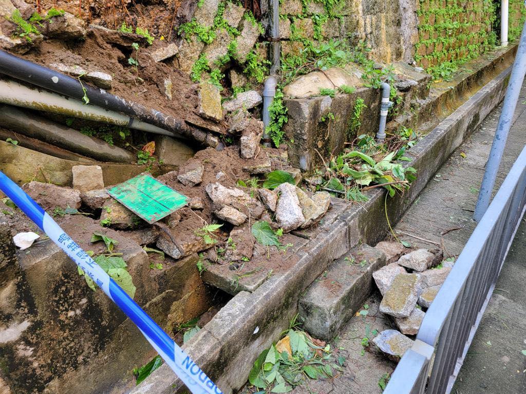 葵涌石籬邨周日(3日)有護土牆石磚鬆脫,擊中一隻途經黑色唐狗。(香港動物報@FB)