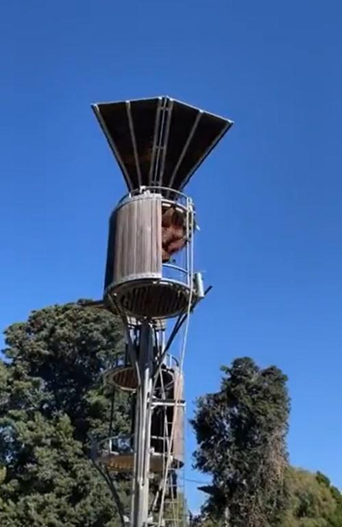 小木屋內的猩猩也隨即爬出來張望,似乎是在尋找負鼠落地的位置。(X)