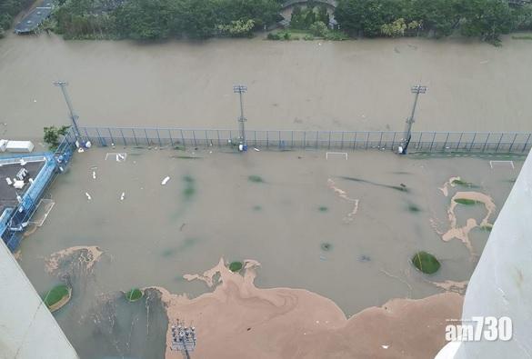 山竹颱風對香港破壞嚴重,城門河泛濫令傑志中心球場變水塘。(資料圖片)