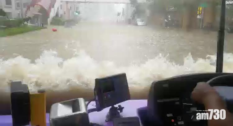 山竹颱風對香港破壞嚴重,巴士浸到擋風玻璃,維港水位升至基準面4.5米。(資料圖片)