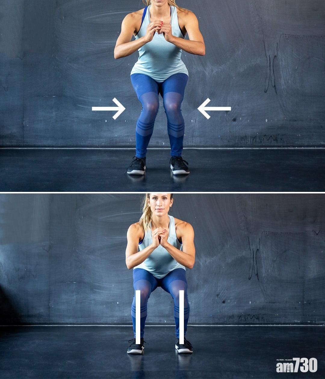 深蹲時應避免如上圖出現內夾情況,蓋要與腳尖運動方向保持一致。