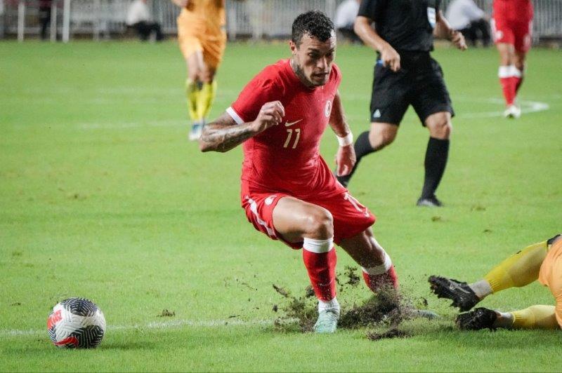 香港足球|香港隊友賽10球狂數文萊,艾華頓先開紀錄。(李睿哲攝)