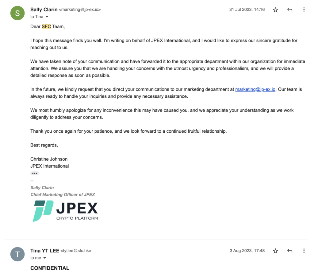 JPEX聲明中公開與證監會的電郵聯絡紀錄。(JPEX)