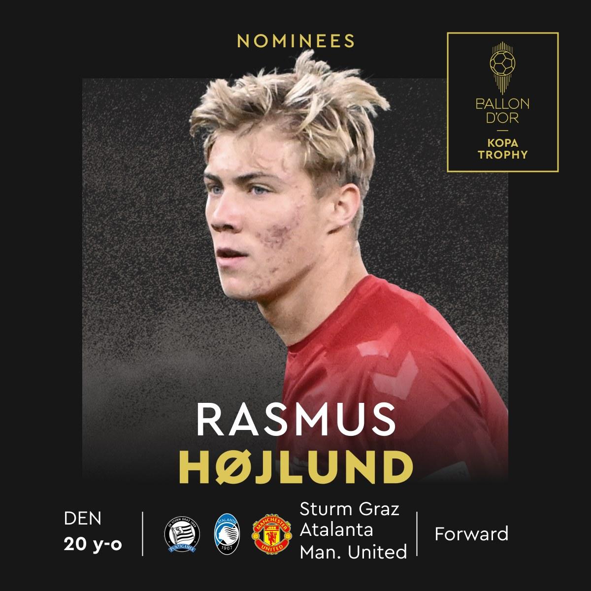 歐洲金童獎候選名單,曼聯前鋒海倫(Rasmus Hojlund)。(France Football FB)