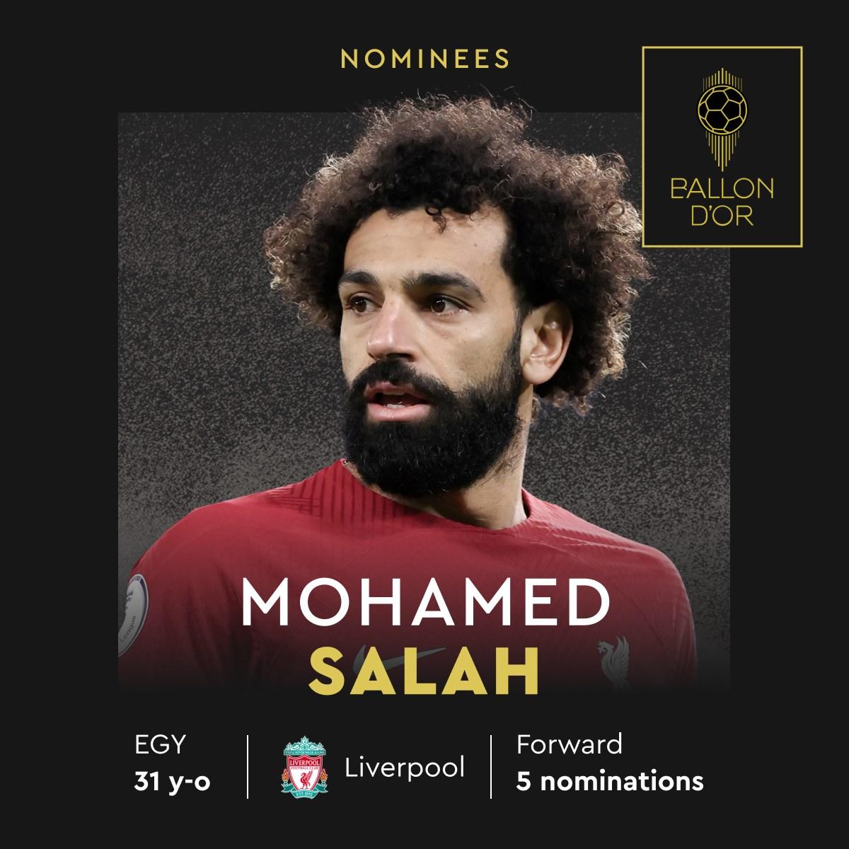 金球獎2023|穆罕默德沙拿(利物浦、埃及)列入圍名單。(France Football FB)