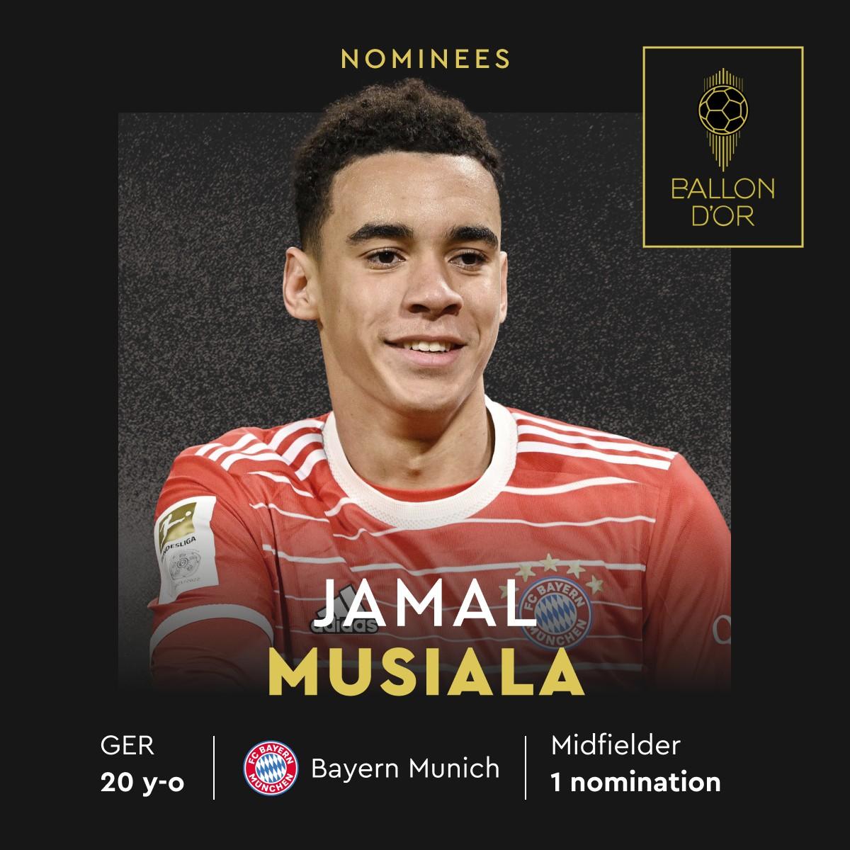 金球獎2023|穆斯亞拿(拜仁慕尼黑、德國)列入圍名單。(France Football FB)