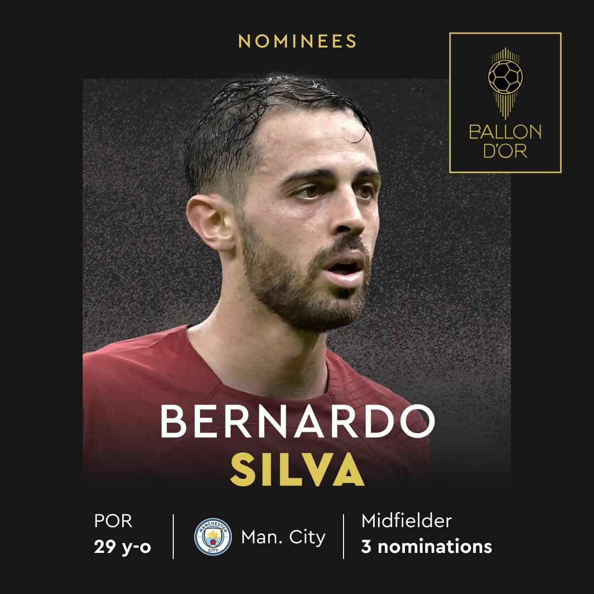 金球獎2023|貝拿度施華(曼城、葡萄牙)列入圍名單。(France Football FB)