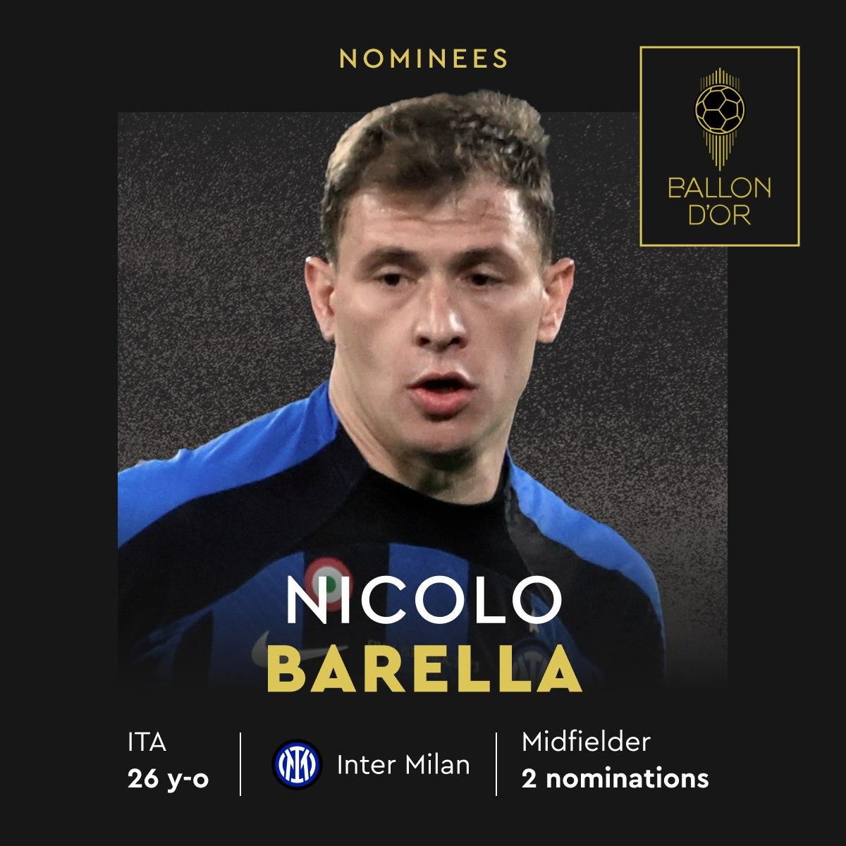 金球獎2023|尼高路巴列拿(國際米蘭、意大利)列入圍名單。(France Football FB)